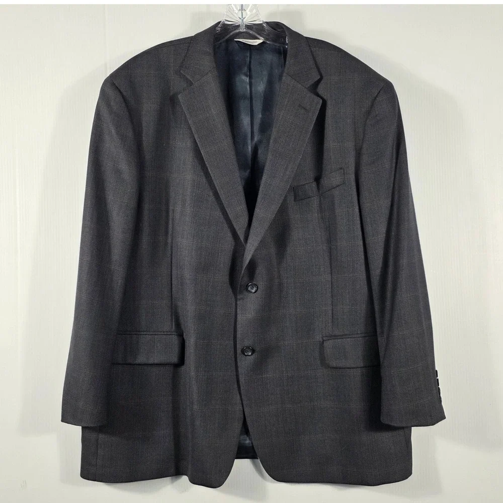 Joseph & Feiss Mens 50 Regular Charcoal Grey Plaid 100% Wool Blazer Sport Coat
